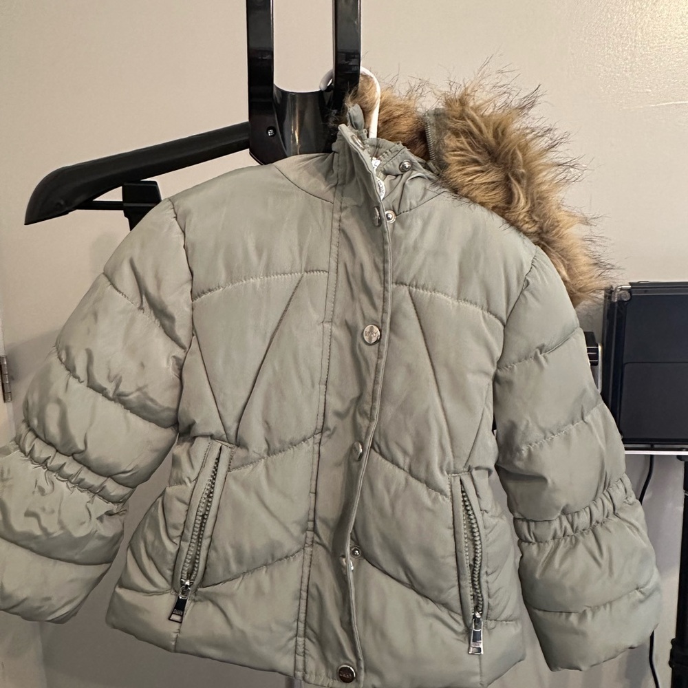 DKNY Kids Silver Puffer Jacket with Faux Fur Trim